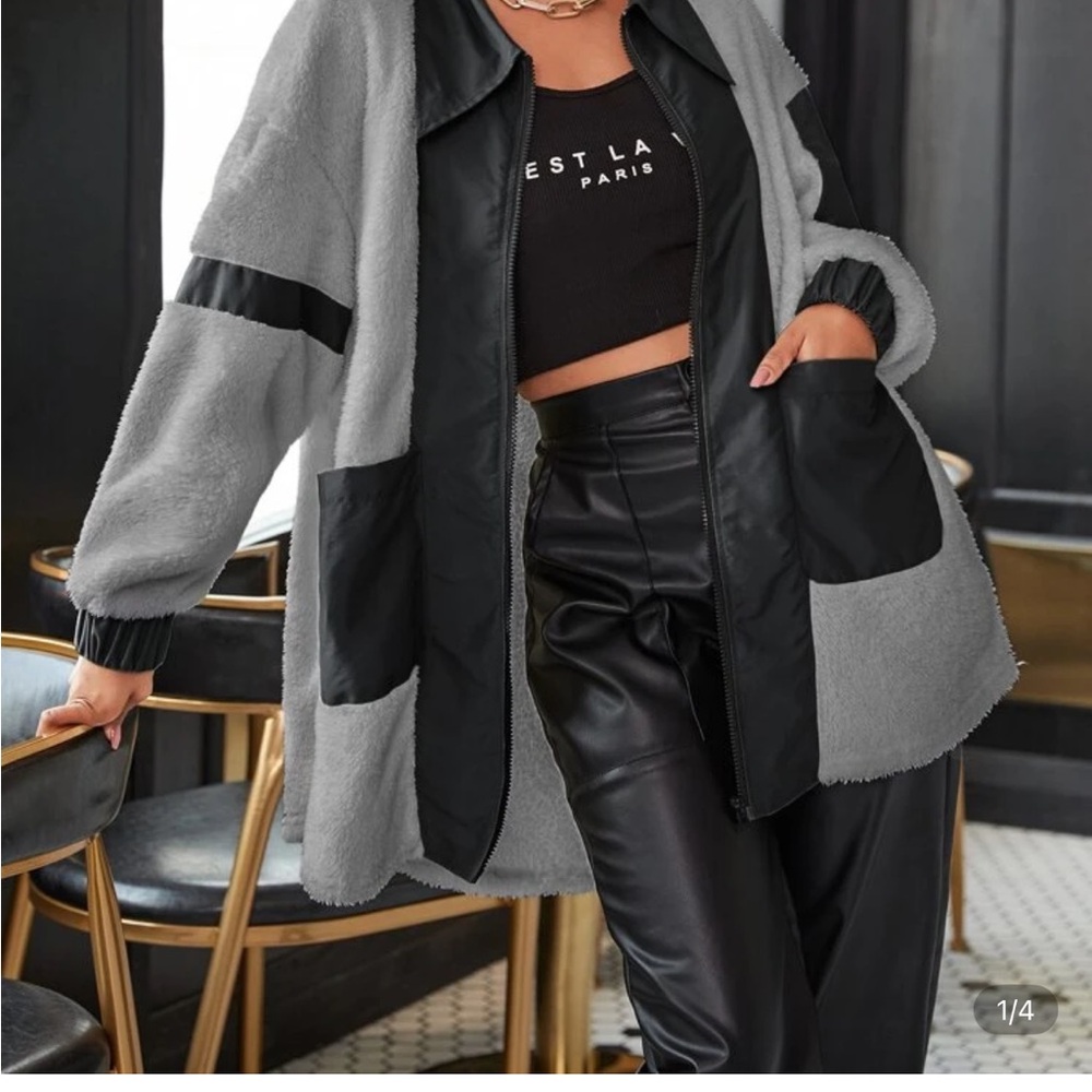 SHEIN Gray and Black Oversized Colorblock Sweater Jacket